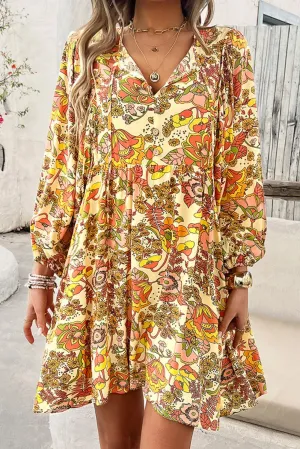 🌼 Printed Tie Neck Balloon Sleeve Mini Dress 🌼