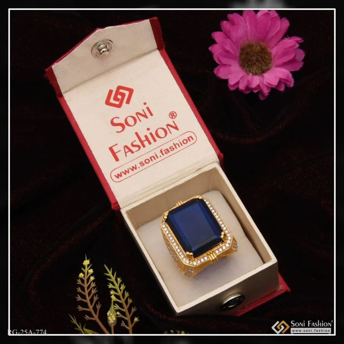 1 Gram Gold Forming Blue Stone with Diamond Fashionable Design Ring for Men - Style A774