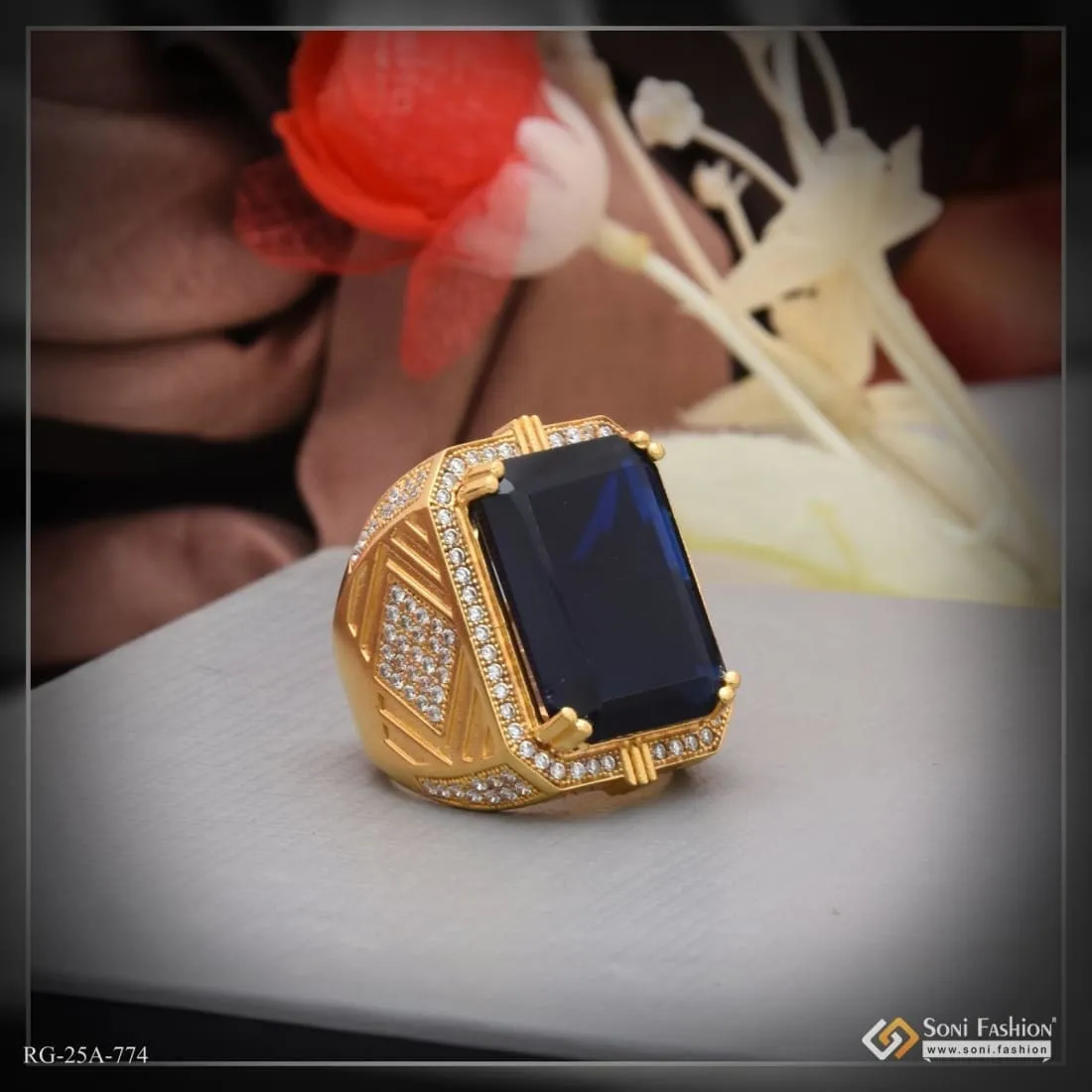 1 Gram Gold Forming Blue Stone with Diamond Fashionable Design Ring for Men - Style A774