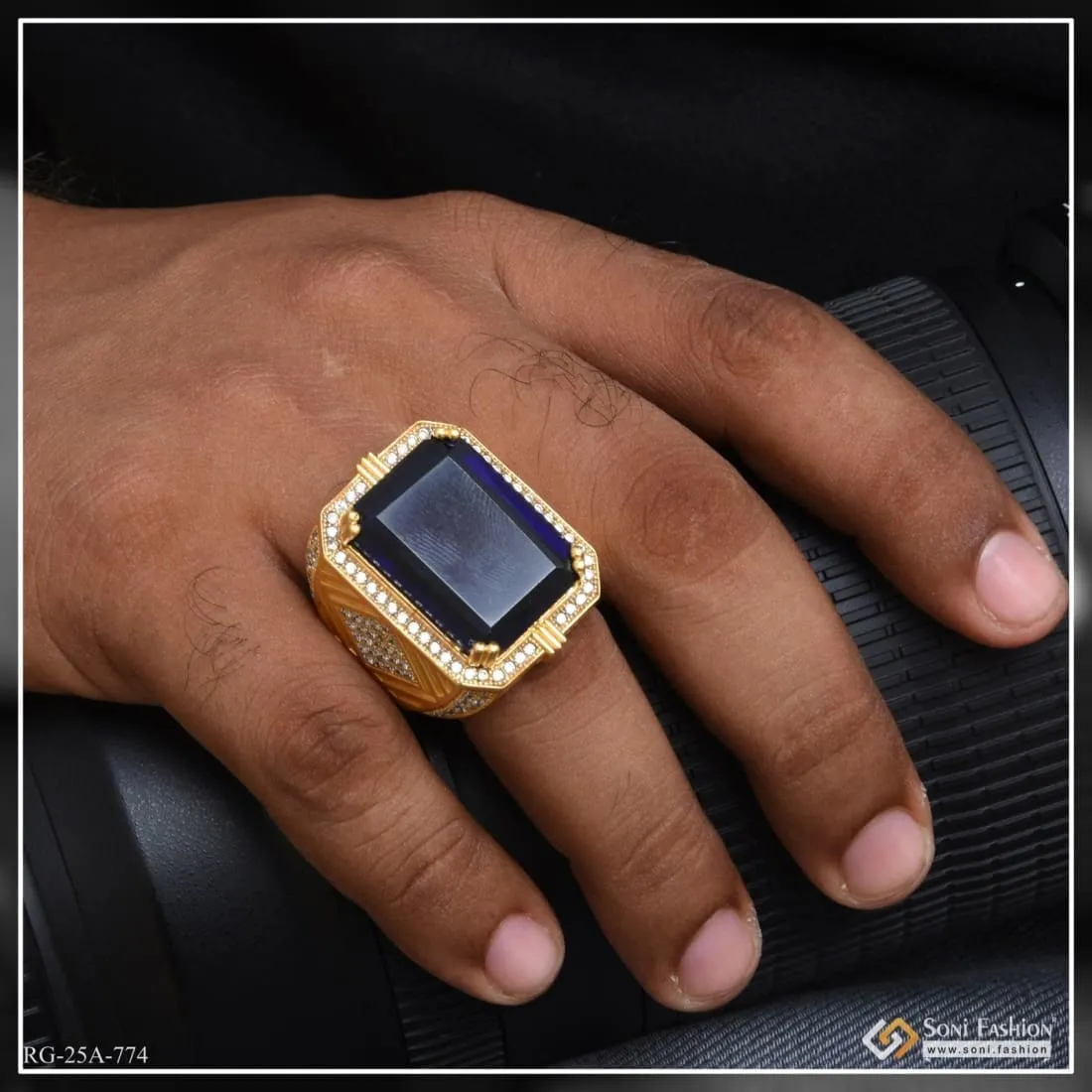 1 Gram Gold Forming Blue Stone with Diamond Fashionable Design Ring for Men - Style A774