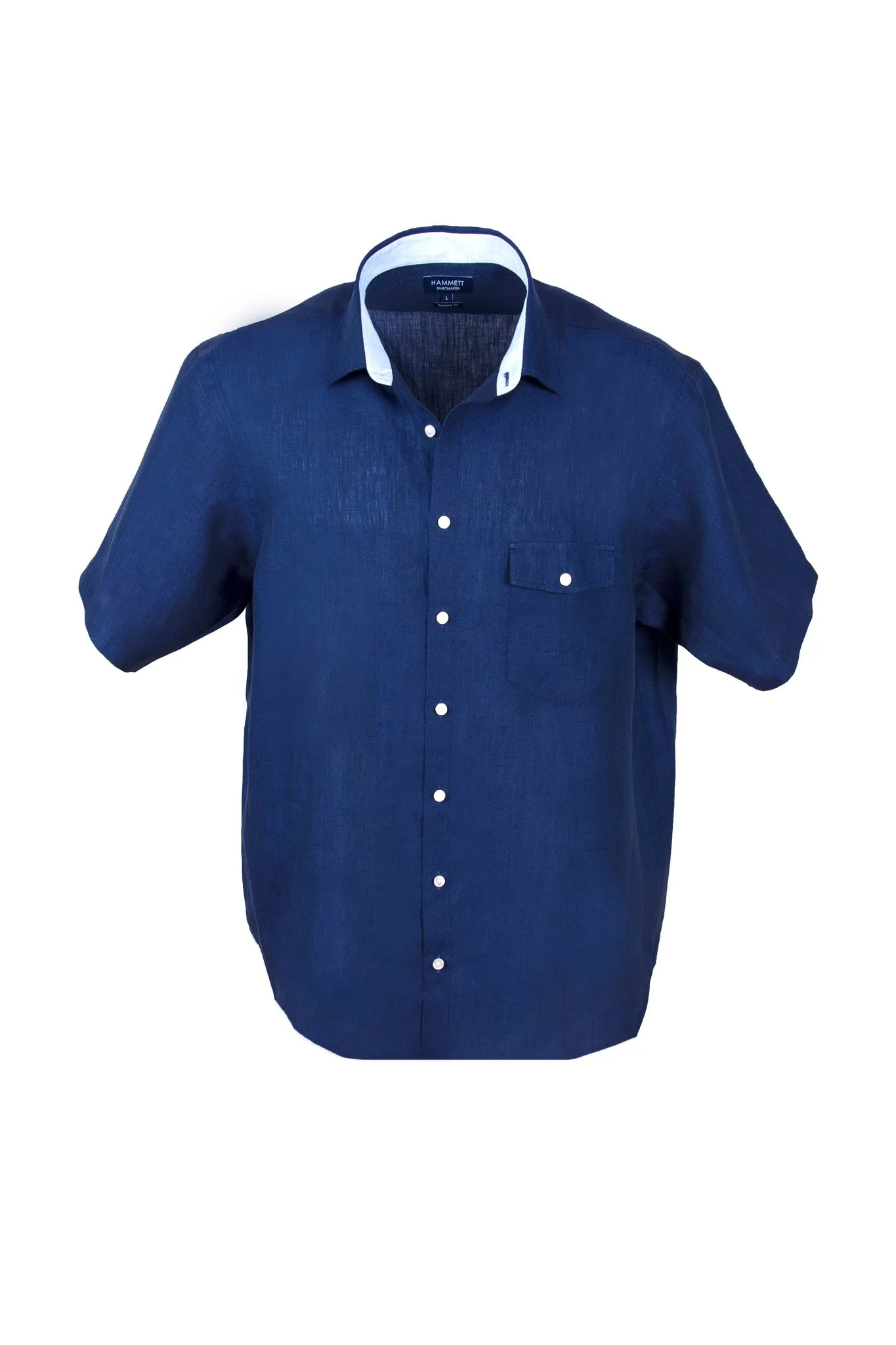100% Luxury Linen Navy Short Sleeve Men's Casual Shirt With Flap Pocket