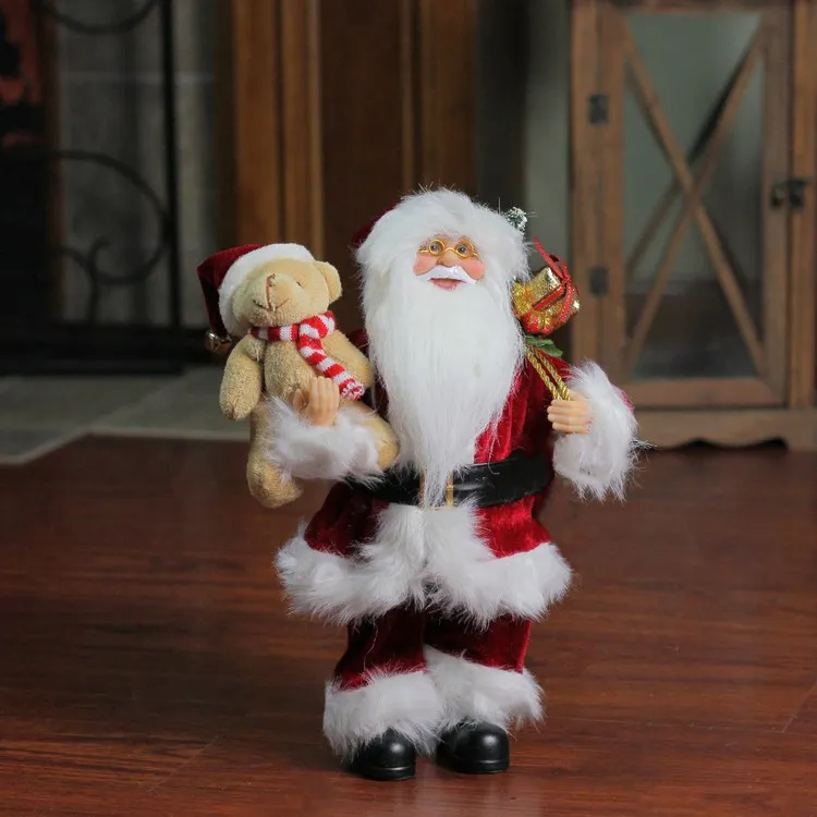 12" Traditional Santa Claus Christmas Figure with Teddy Bear and Gift Bag