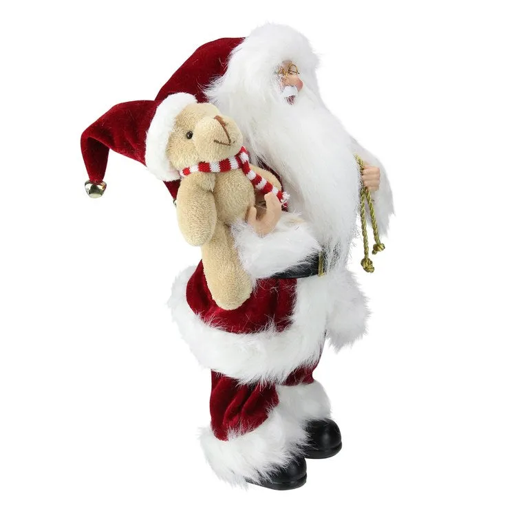 12" Traditional Santa Claus Christmas Figure with Teddy Bear and Gift Bag
