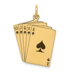 14k Yellow Gold Polished  Black Enameled Finish Royal Flush Playing Cards Charm Pendant
