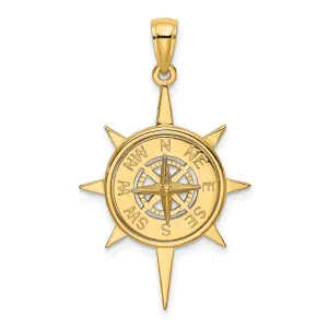 14K Yellow Gold Polished Finish Star Frame Nautical Boating Compass in Center Charm Pendant