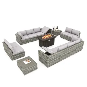 15 Pieces Outdoor Patio Furniture Set with 44" Propane Fire Pit Table, Rattan Sectional Sofa Conversation Set w/Adjustable Backrest
