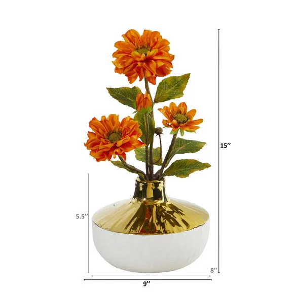 15" Zinnia Artificial Arrangement in Gold and Cream Elegant Vase