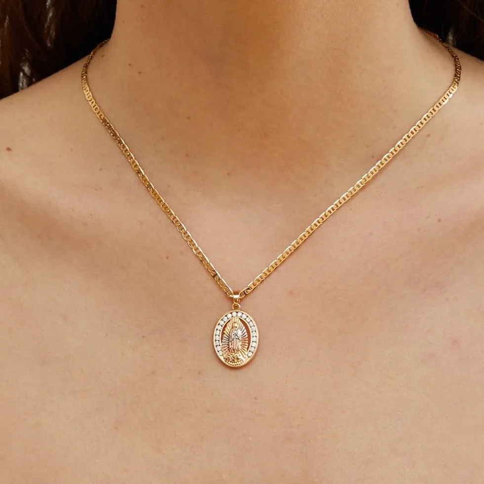 18K Gold Plated Three-Tone Crystal Mother Mary Pendant Necklace