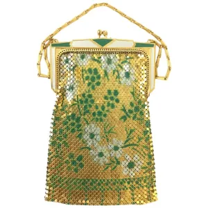 1920s Whiting and Davis Floral Enamel Gold Art Deco Mesh Purse