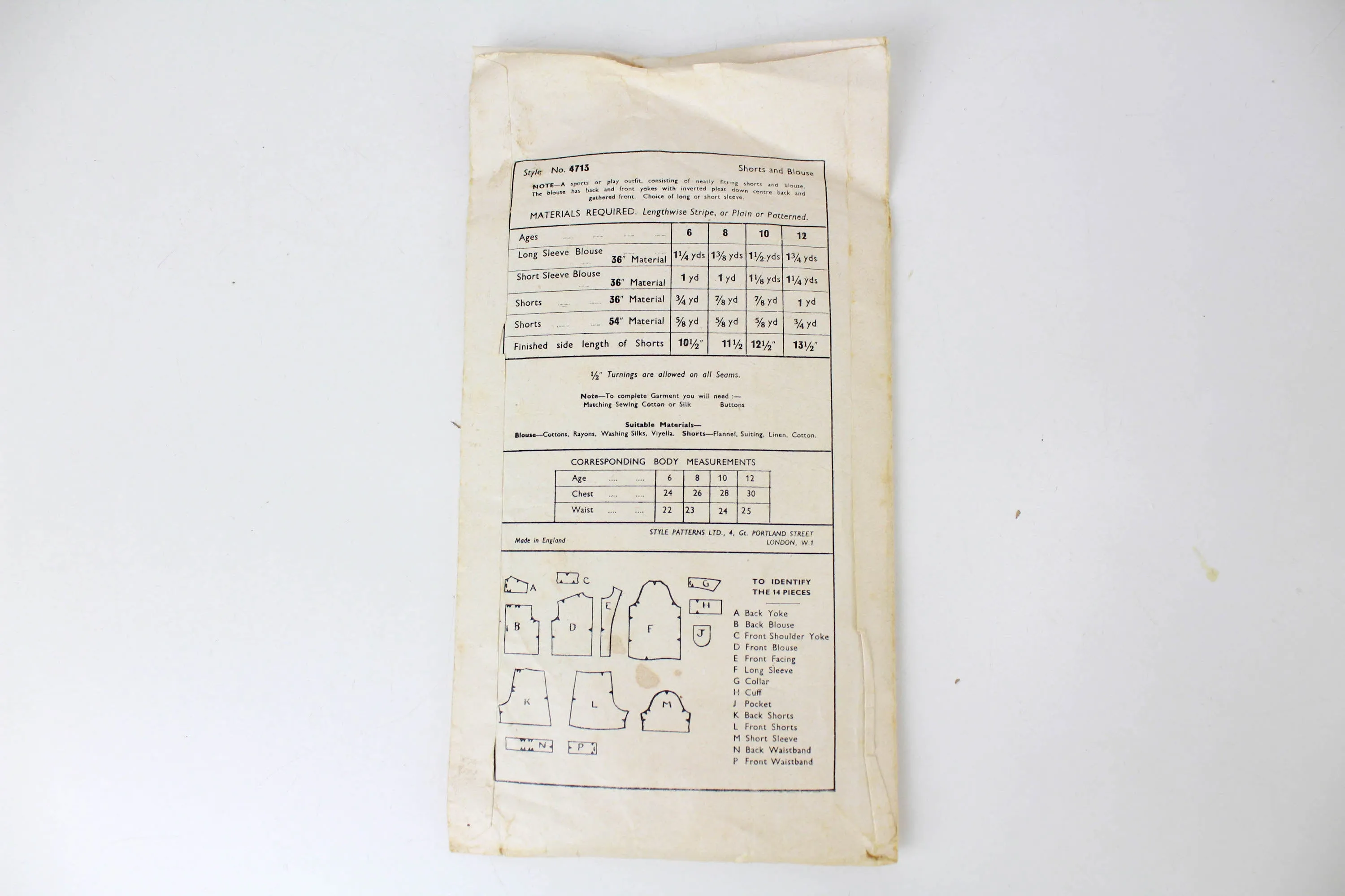 1940s Girls Shorts and Blouse Sewing Pattern Style 4713, Complete, Size 6