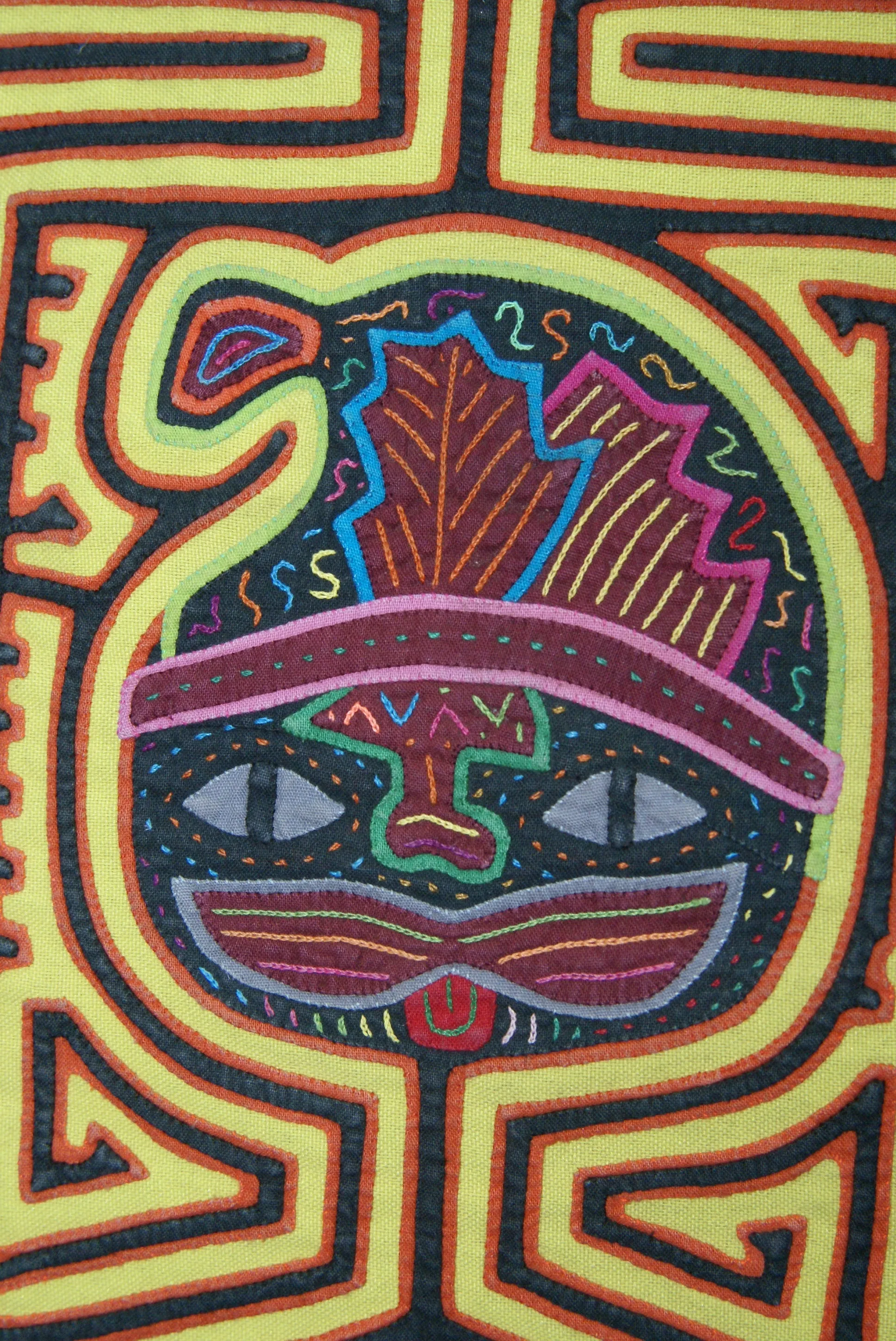 1970's Kuna Indian Mola Blouse Panel from San Blas Islands, Panama. Hand stitched Folk Art Applique: Colorful Geometric Cats in Hats Motif 16.5”x 12.25” (4A)