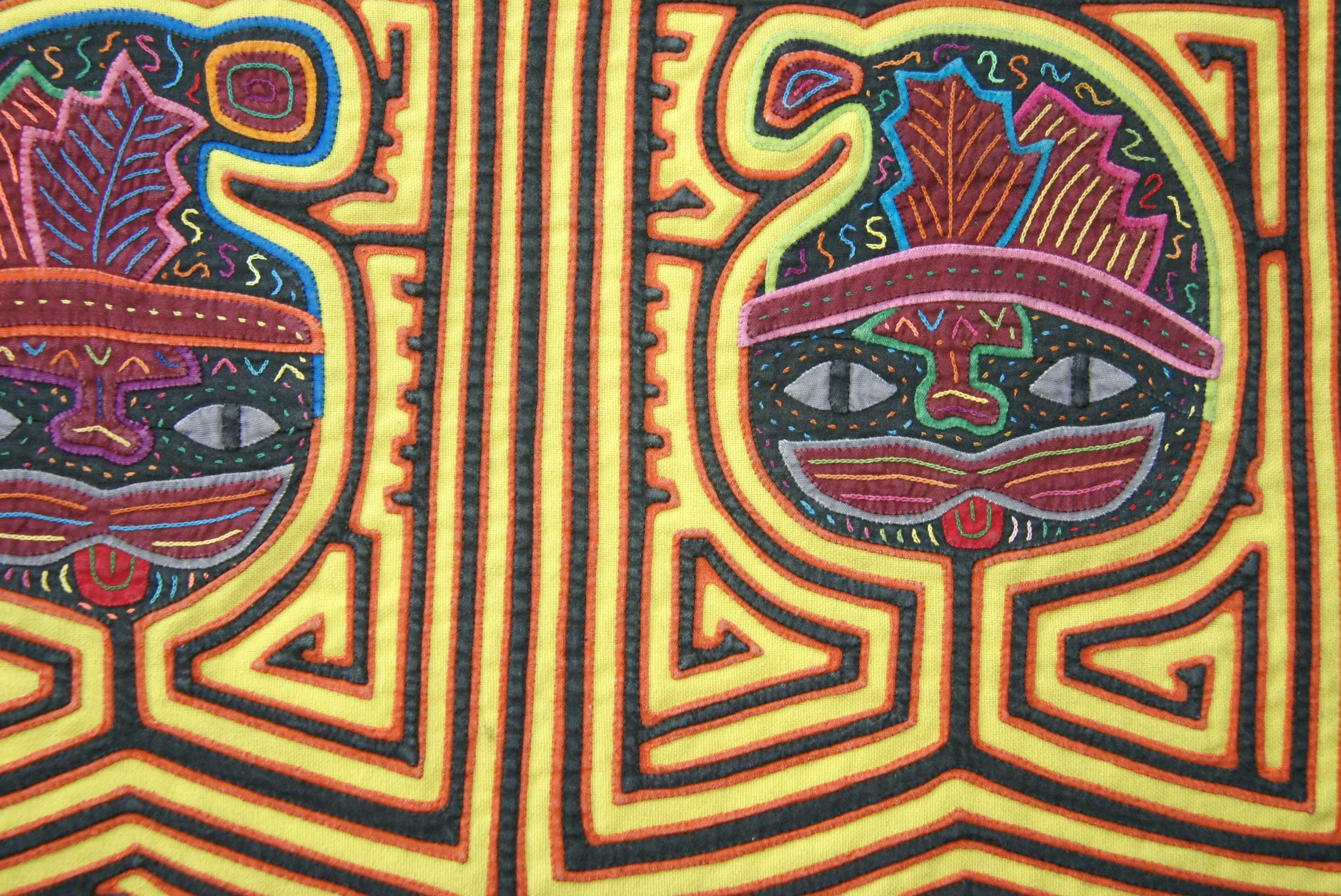 1970's Kuna Indian Mola Blouse Panel from San Blas Islands, Panama. Hand stitched Folk Art Applique: Colorful Geometric Cats in Hats Motif 16.5”x 12.25” (4A)