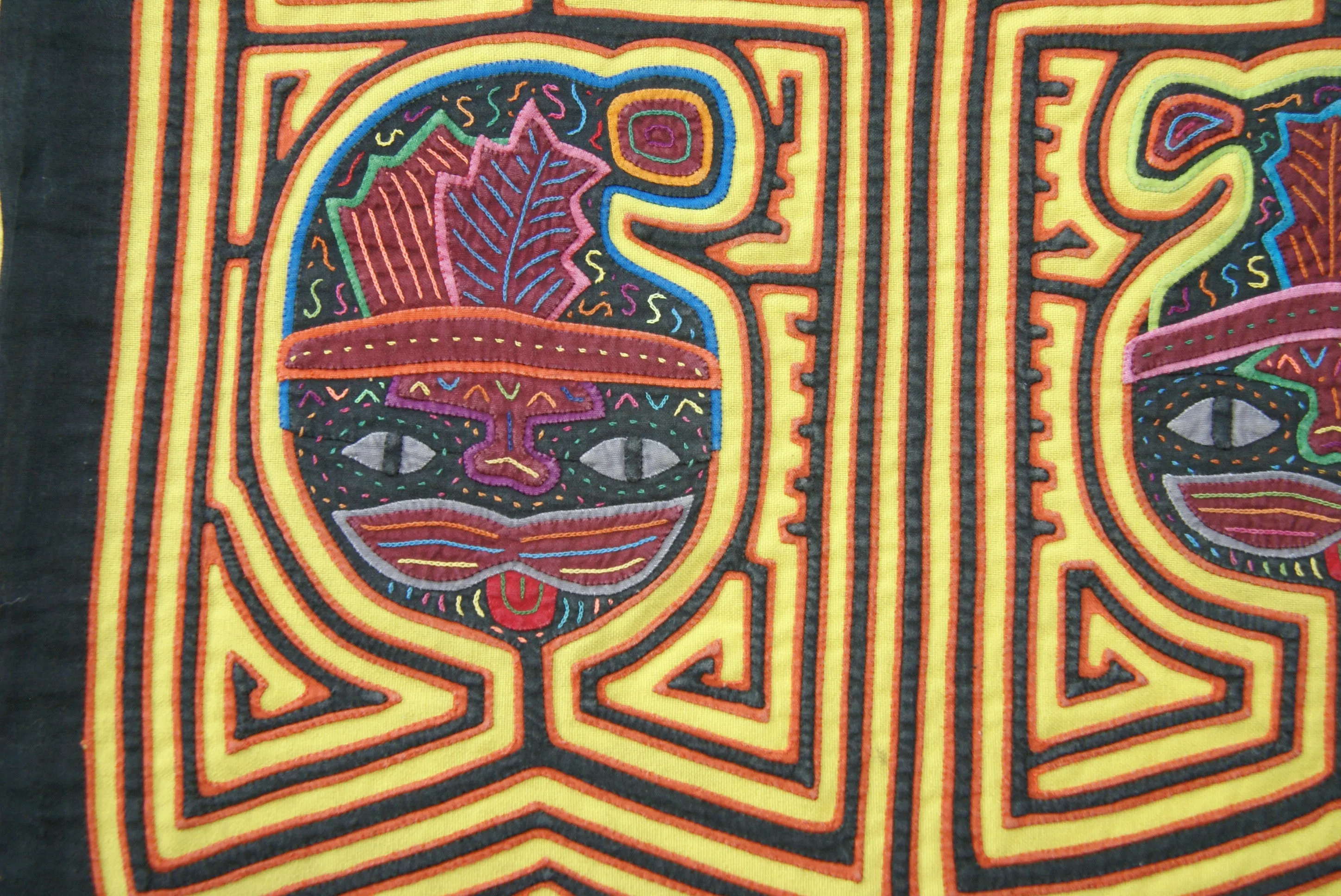 1970's Kuna Indian Mola Blouse Panel from San Blas Islands, Panama. Hand stitched Folk Art Applique: Colorful Geometric Cats in Hats Motif 16.5”x 12.25” (4A)