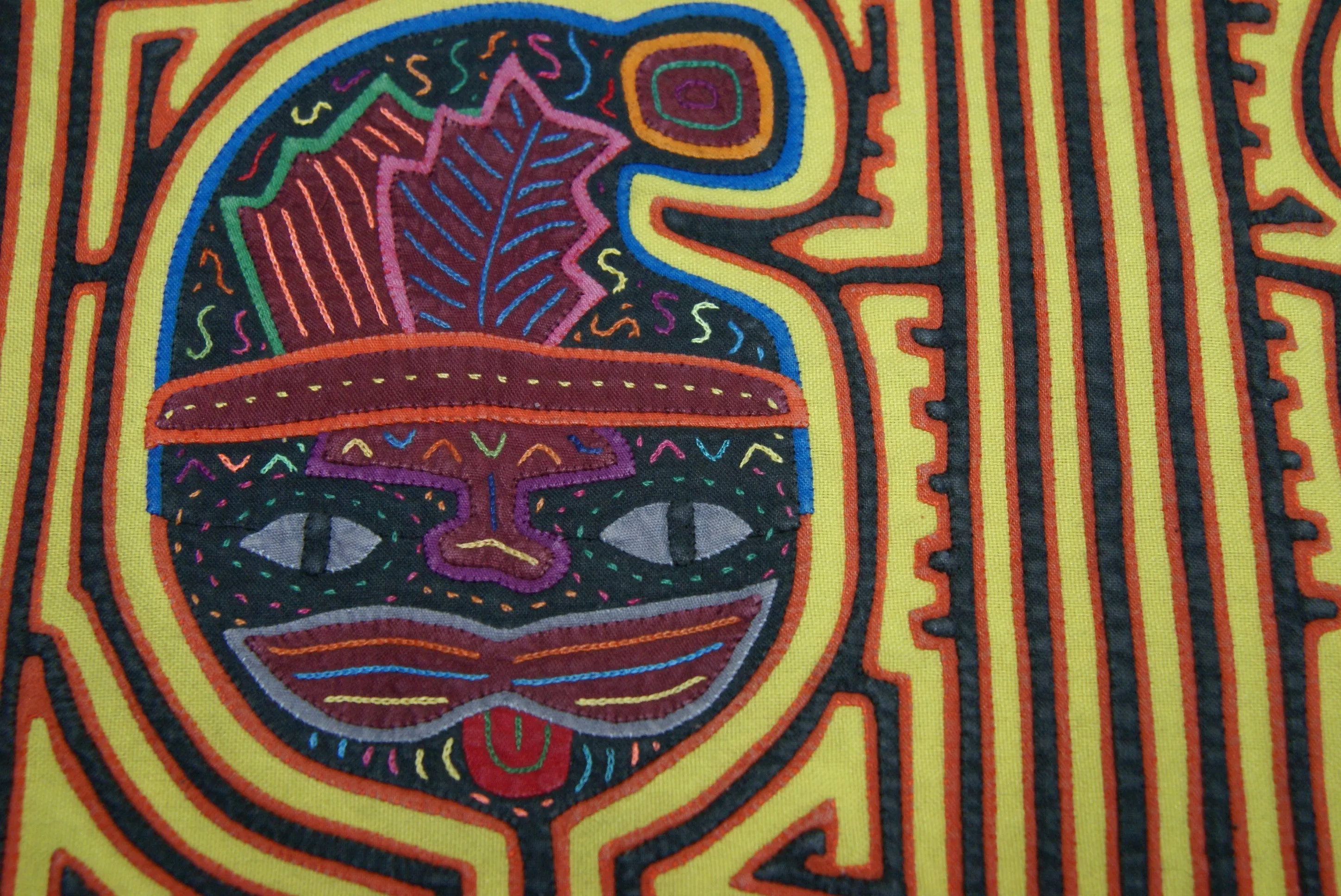 1970's Kuna Indian Mola Blouse Panel from San Blas Islands, Panama. Hand stitched Folk Art Applique: Colorful Geometric Cats in Hats Motif 16.5”x 12.25” (4A)