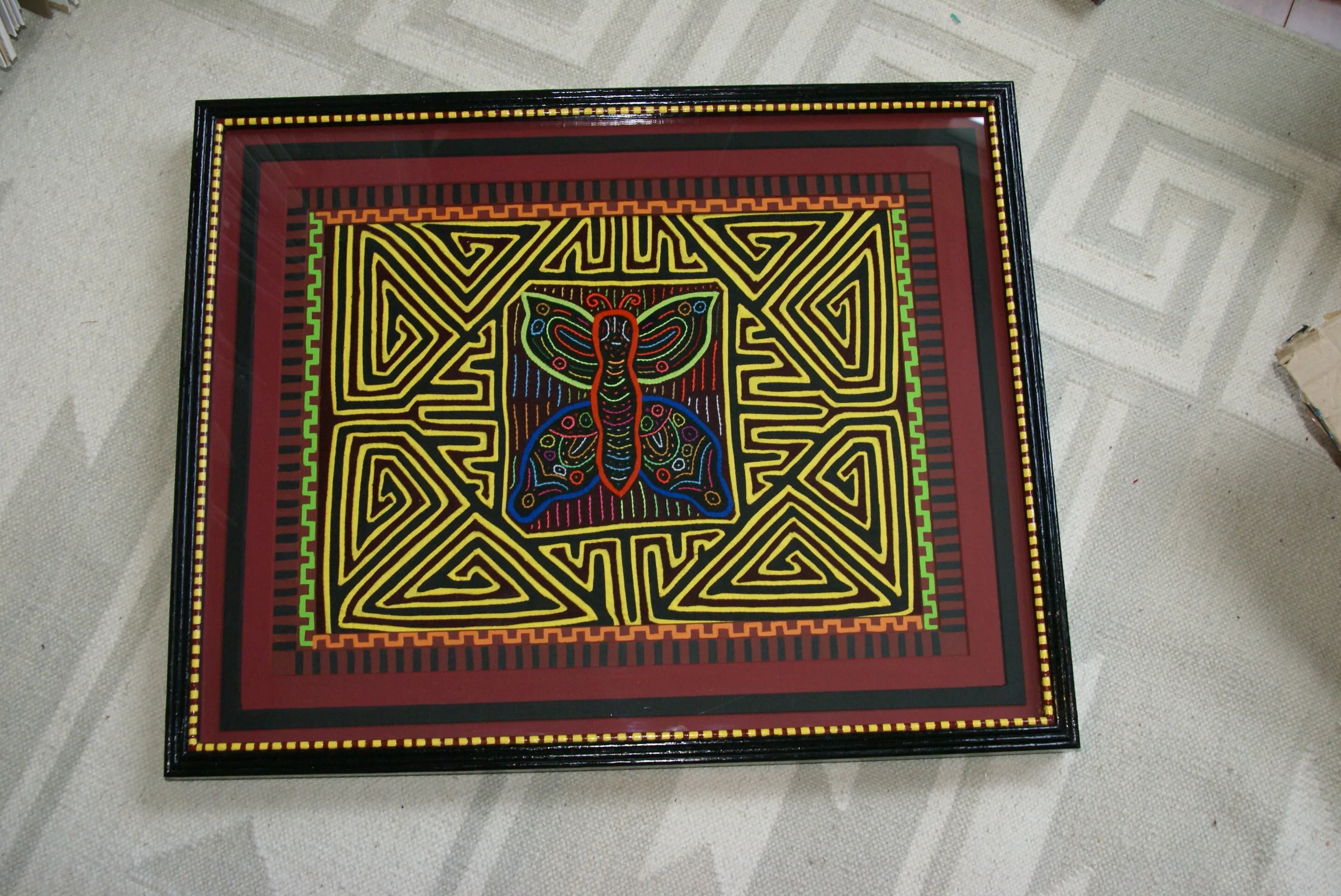1970's Kuna Indian Mola Blouse Panel from San Blas Islands, Panama. Hand stitched Folk Art Applique: Colorful Geometric Cats in Hats Motif 16.5”x 12.25” (4A)