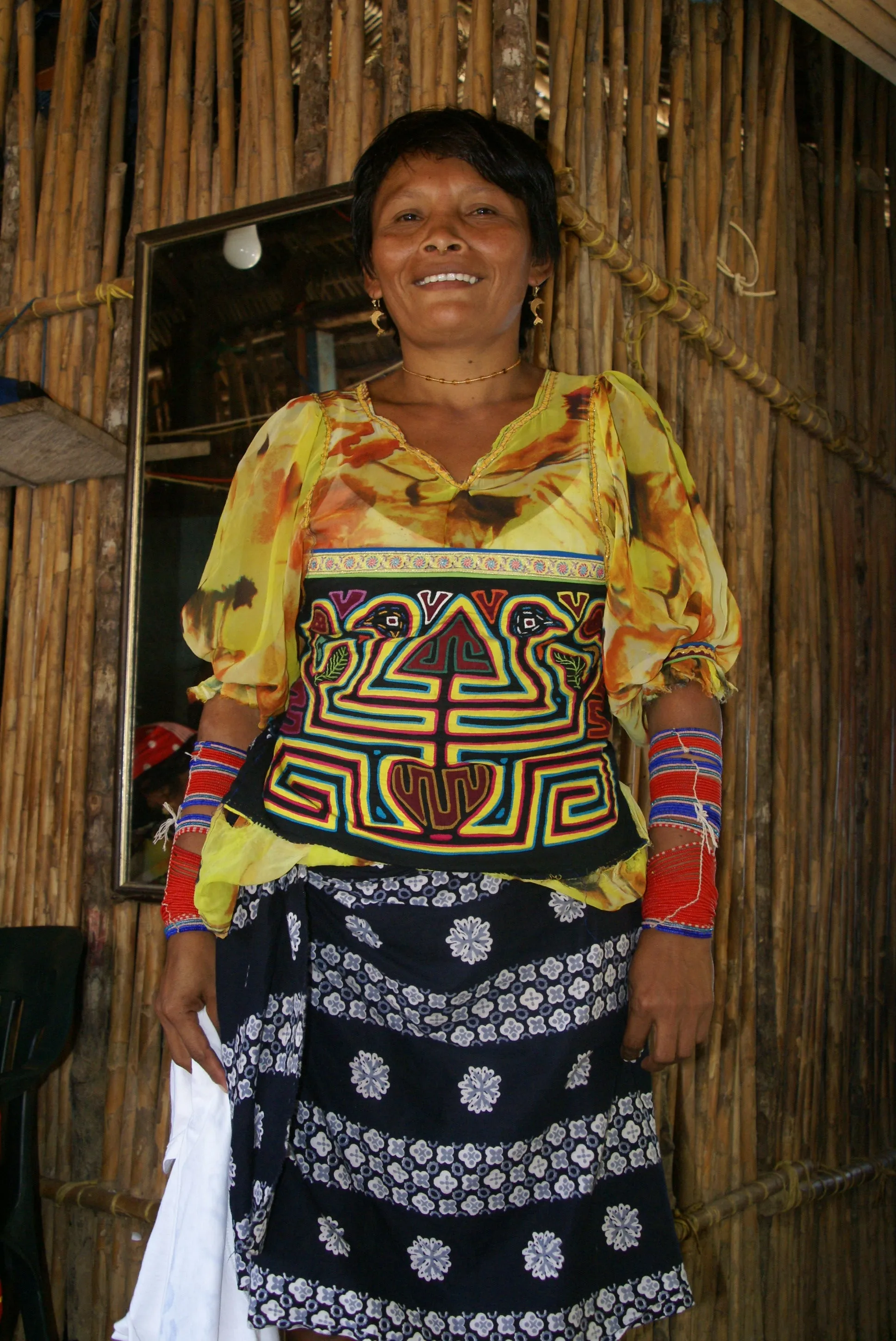 1970's Kuna Indian Mola Blouse Panel from San Blas Islands, Panama. Hand stitched Folk Art Applique: Colorful Geometric Cats in Hats Motif 16.5”x 12.25” (4A)