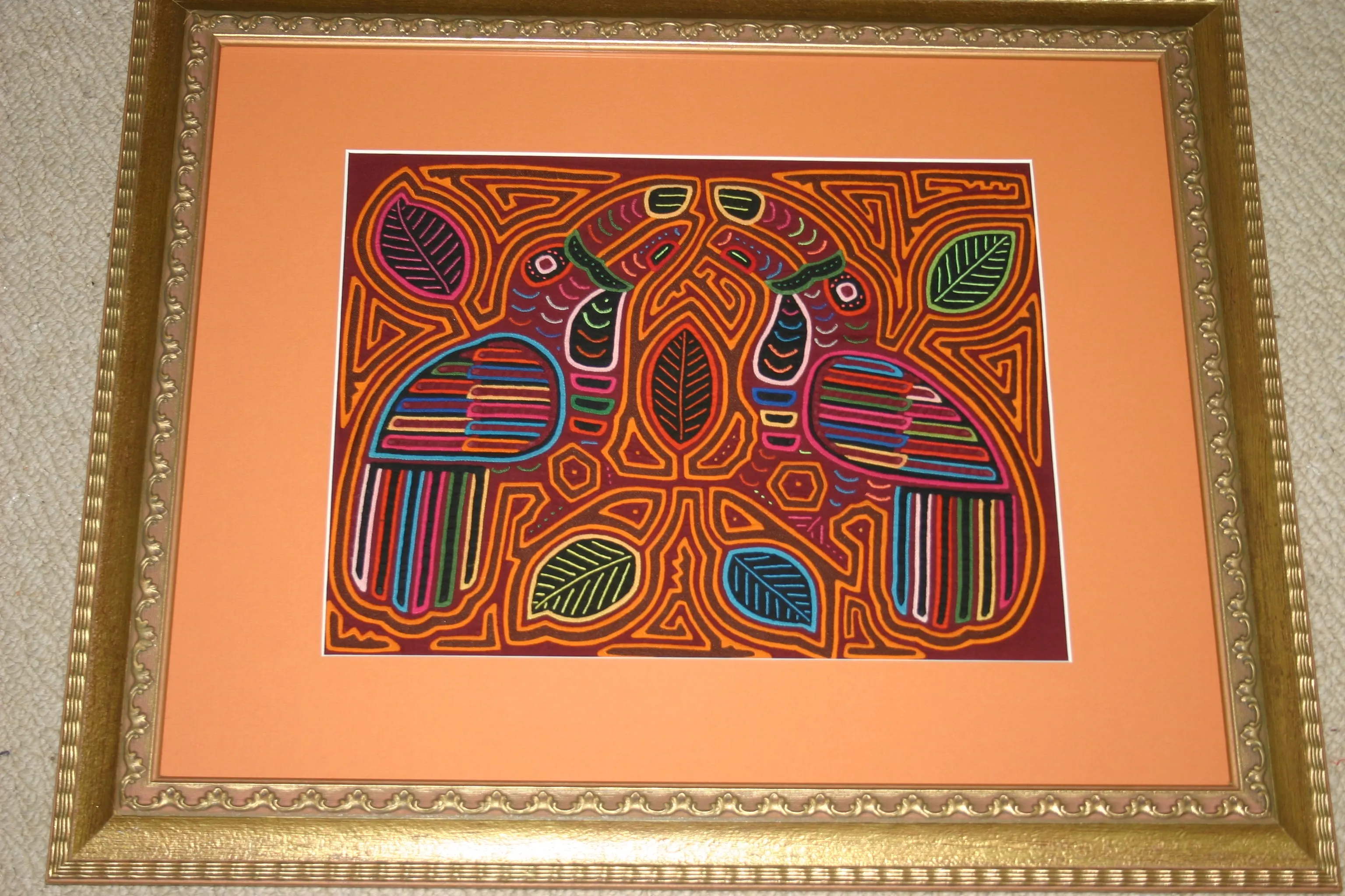 1970's Kuna Indian Mola Blouse Panel from San Blas Islands, Panama. Hand stitched Folk Art Applique: Colorful Geometric Cats in Hats Motif 16.5”x 12.25” (4A)