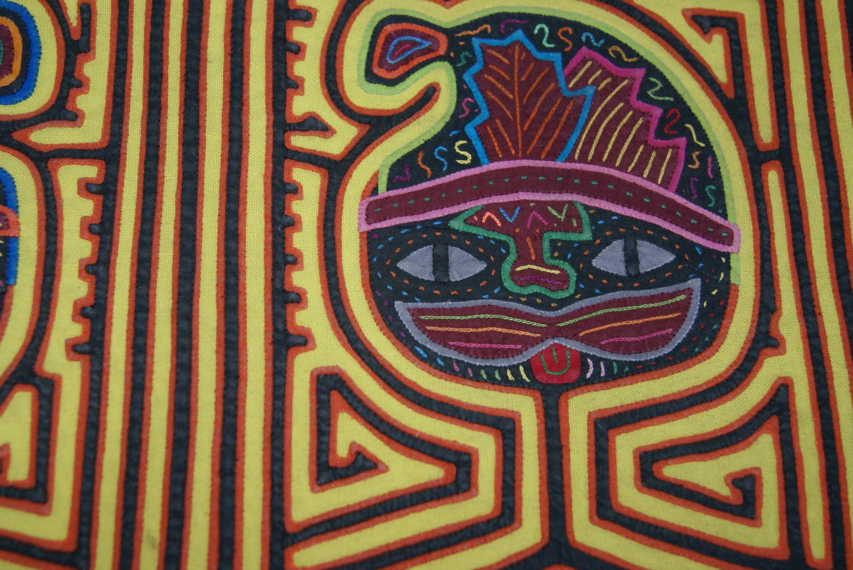 1970's Kuna Indian Mola Blouse Panel from San Blas Islands, Panama. Hand stitched Folk Art Applique: Colorful Geometric Cats in Hats Motif 16.5”x 12.25” (4A)