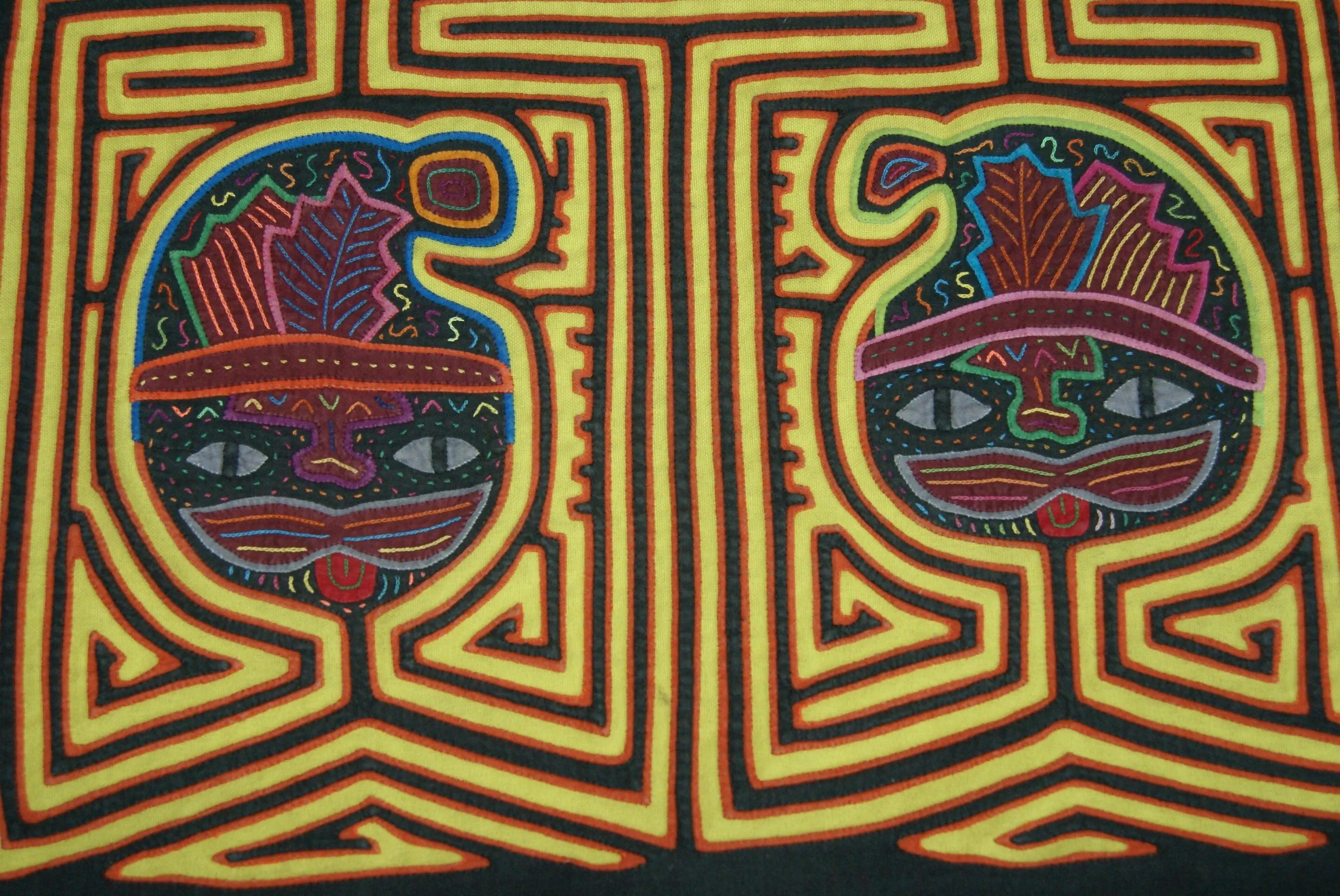 1970's Kuna Indian Mola Blouse Panel from San Blas Islands, Panama. Hand stitched Folk Art Applique: Colorful Geometric Cats in Hats Motif 16.5”x 12.25” (4A)