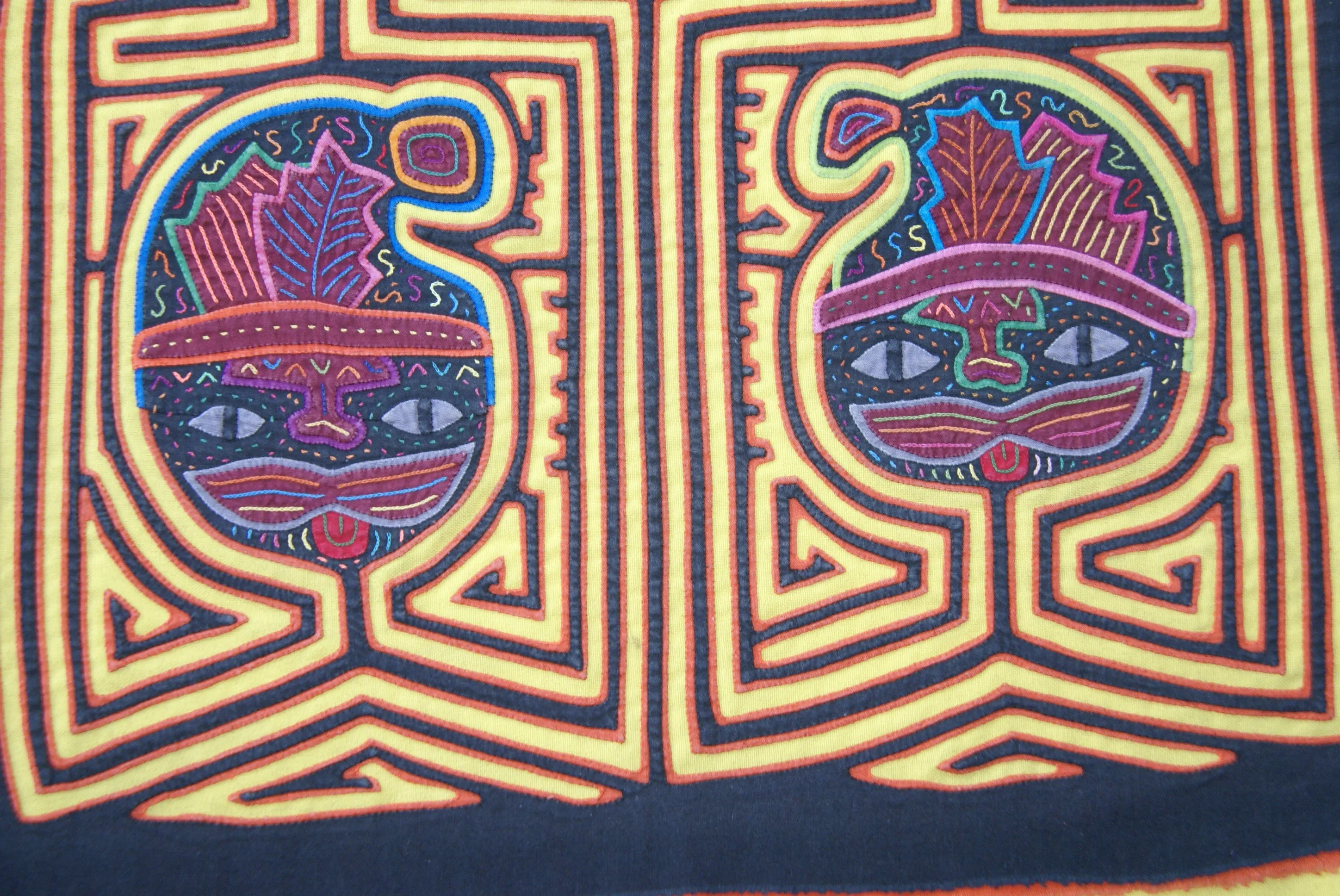 1970's Kuna Indian Mola Blouse Panel from San Blas Islands, Panama. Hand stitched Folk Art Applique: Colorful Geometric Cats in Hats Motif 16.5”x 12.25” (4A)