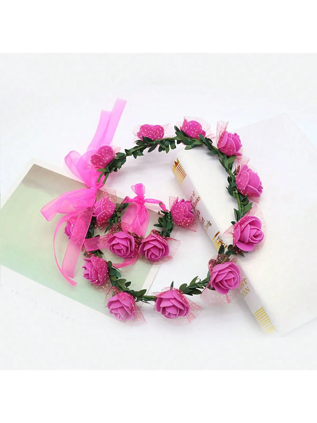 1pc Vintage Style Forest Rose Flower Crown Headband Bridal Rose Flower Wreath Hair Accessory In Pink