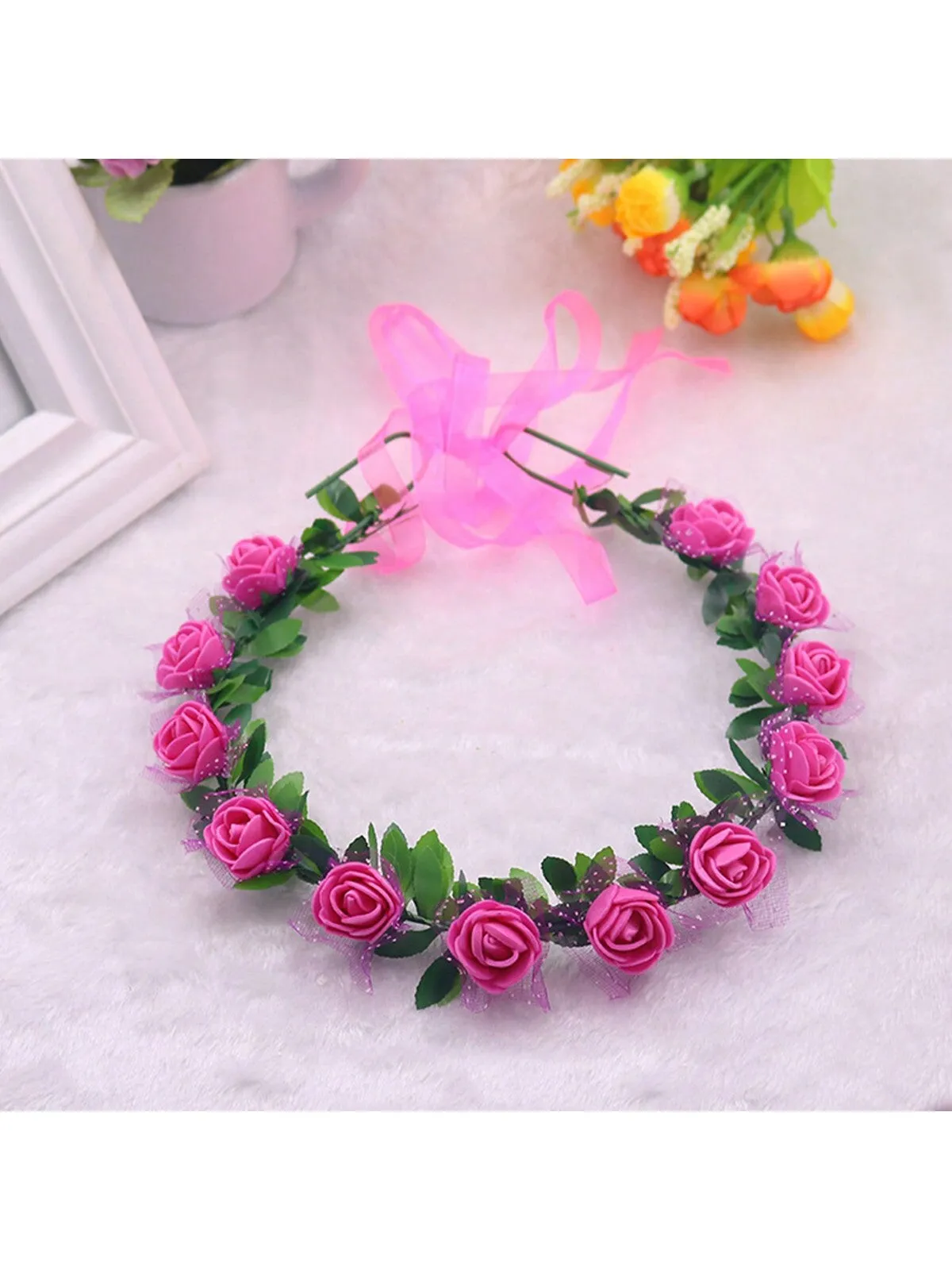1pc Vintage Style Forest Rose Flower Crown Headband Bridal Rose Flower Wreath Hair Accessory In Pink