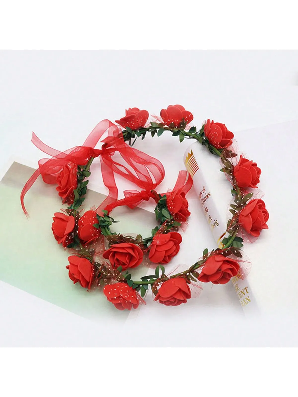 1pc Vintage Style Forest Rose Flower Crown Headband Bridal Rose Flower Wreath Hair Accessory In Pink