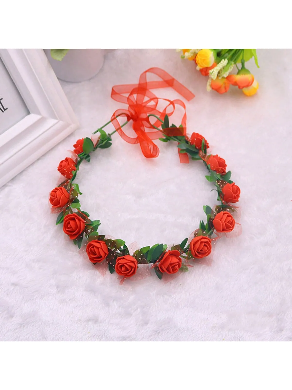 1pc Vintage Style Forest Rose Flower Crown Headband Bridal Rose Flower Wreath Hair Accessory In Pink