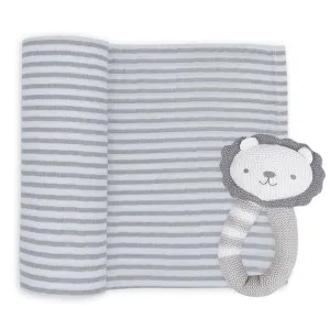 2 Piece Grey Stripe Muslin Swaddle Wrap & Lion Rattle