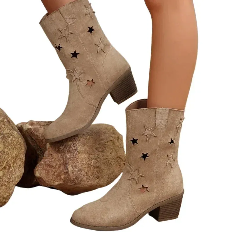 2024 Women's Summer Retro Round Toe Chunky Heels – Vegan Suede Western Boots with Hollow Design and Rivets, Cowboy Boots Shoes