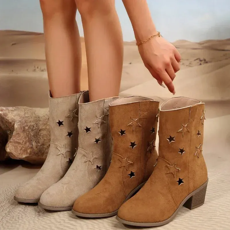 2024 Women's Summer Retro Round Toe Chunky Heels – Vegan Suede Western Boots with Hollow Design and Rivets, Cowboy Boots Shoes