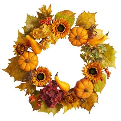 22" Autumn Hydrangea, Pumpkin and Sunflower Artificial Fall Wreath