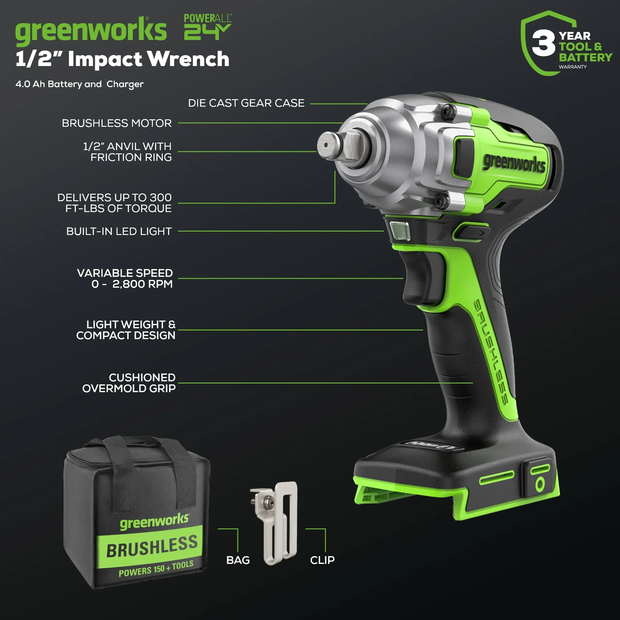 24V 1/2" Cordless Battery Impact Wrench Kit w/ 4.0Ah Battery & Charger