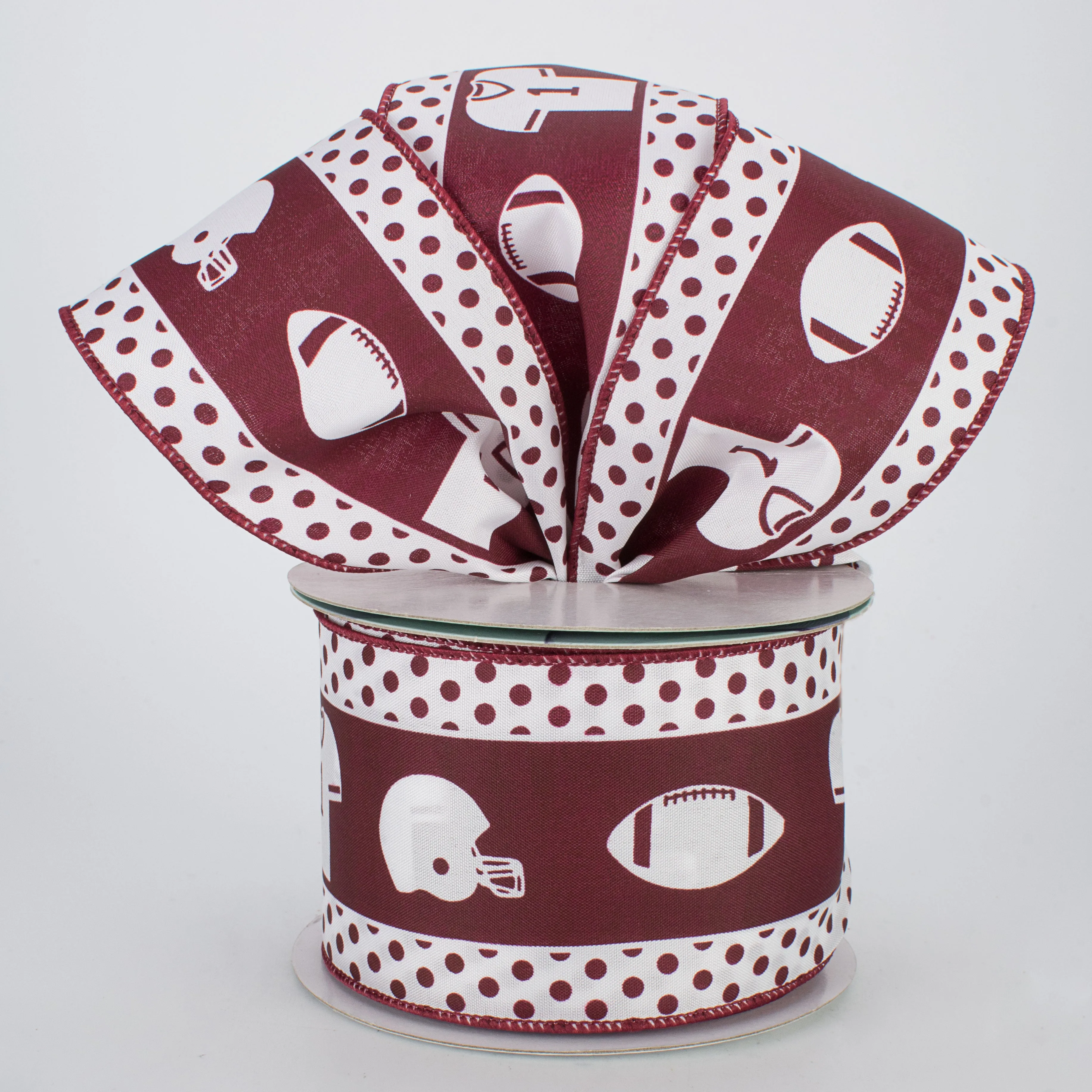 2.5" Football Gear Polka Dot Ribbon: White & Burgundy (10 Yards)