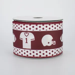 2.5" Football Gear Polka Dot Ribbon: White & Burgundy (10 Yards)