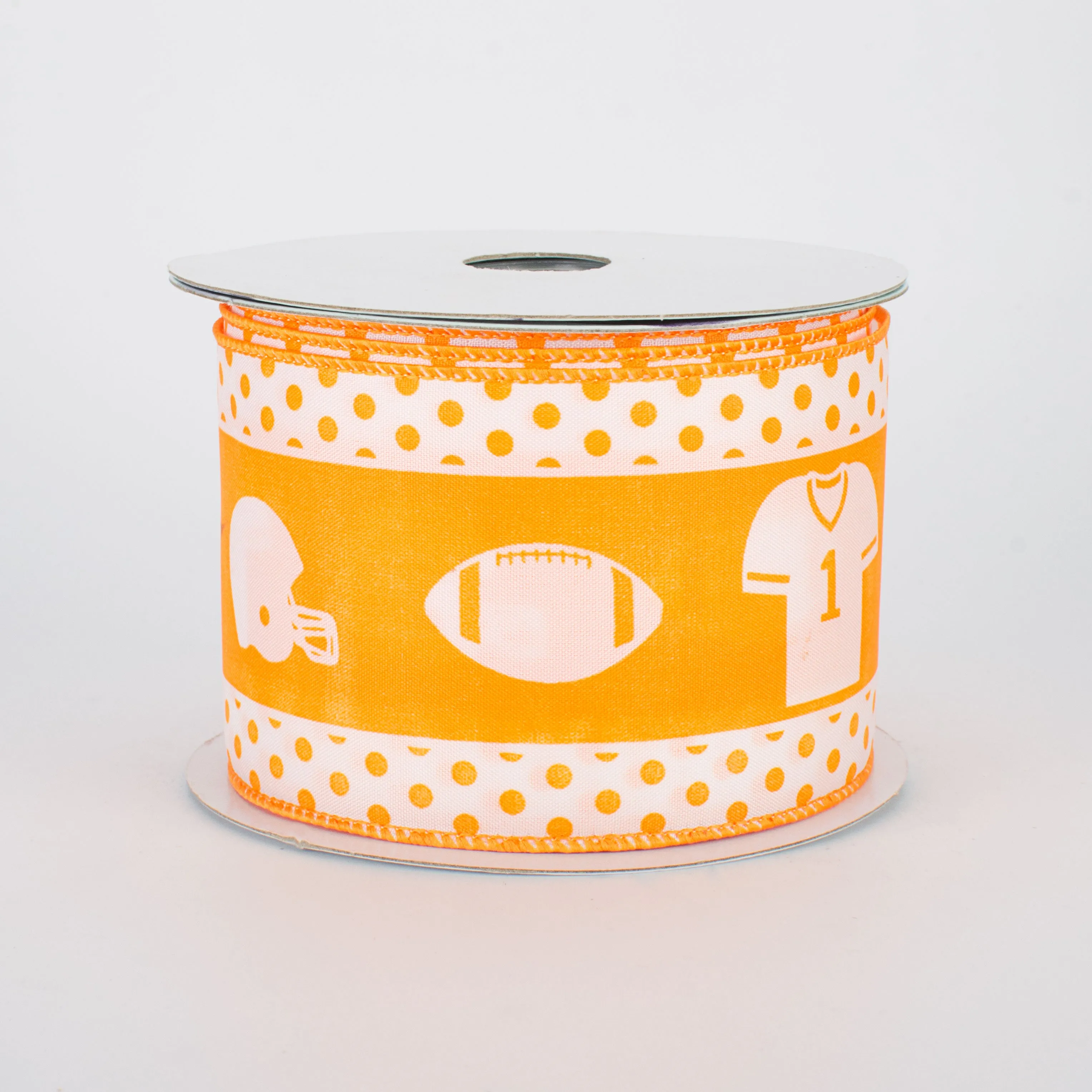 2.5" Football Gear Polka Dot Ribbon: White & Orange (10 Yards)