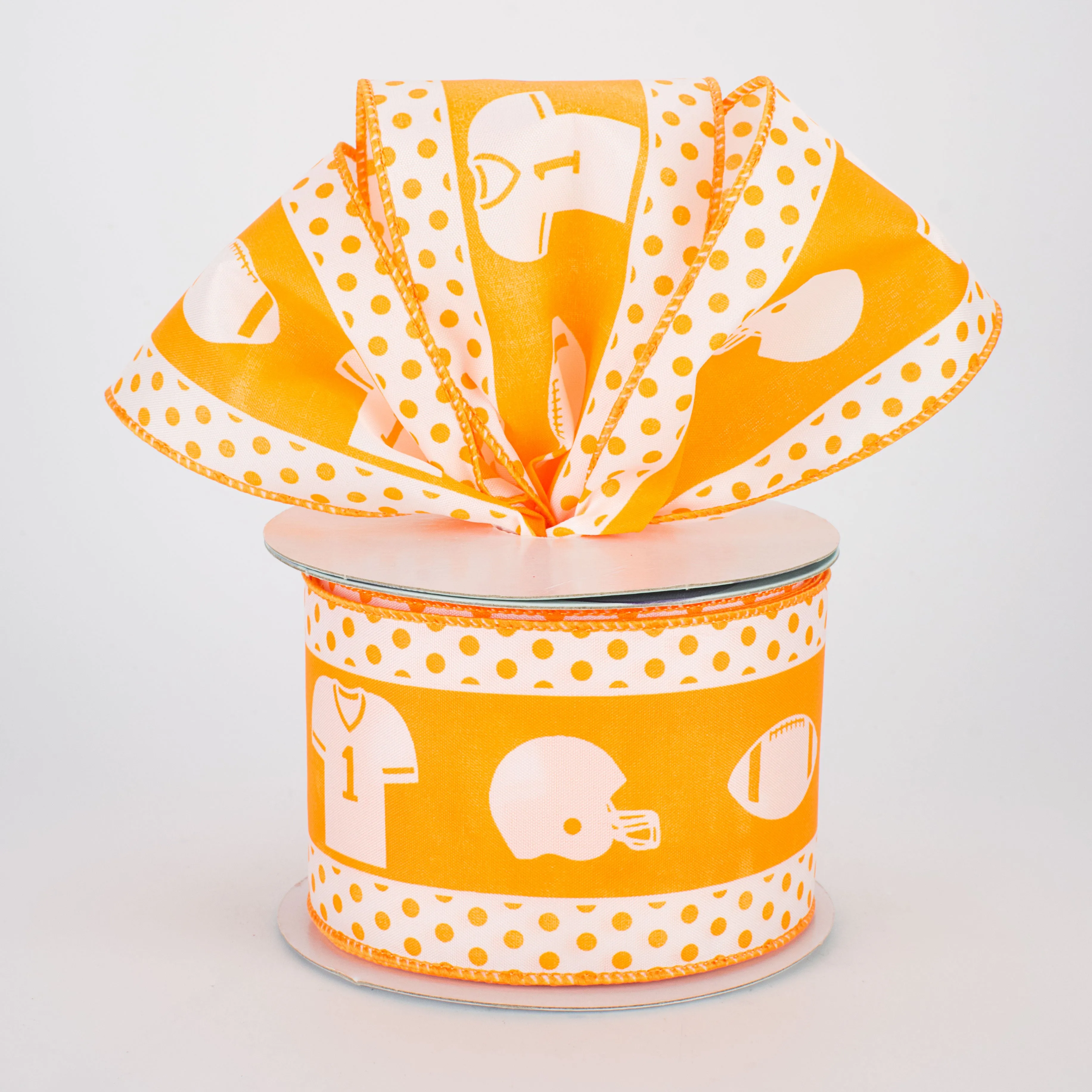2.5" Football Gear Polka Dot Ribbon: White & Orange (10 Yards)