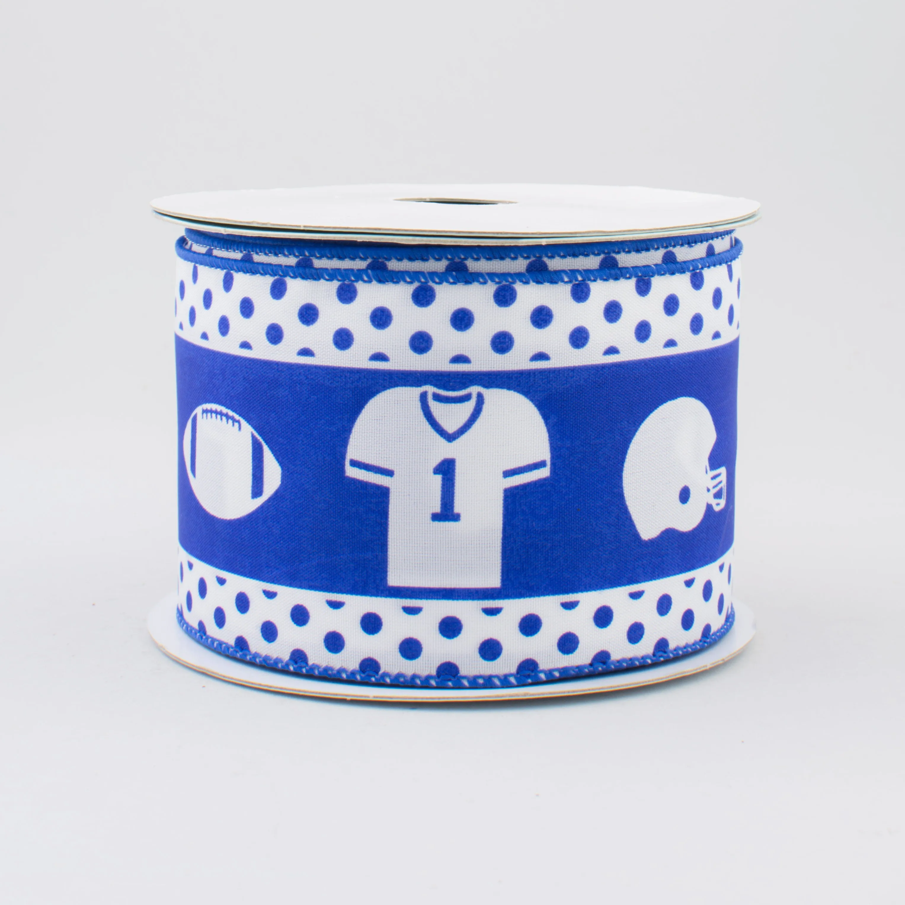 2.5" Football Gear Polka Dot Ribbon: White & Royal Blue (10 Yards)