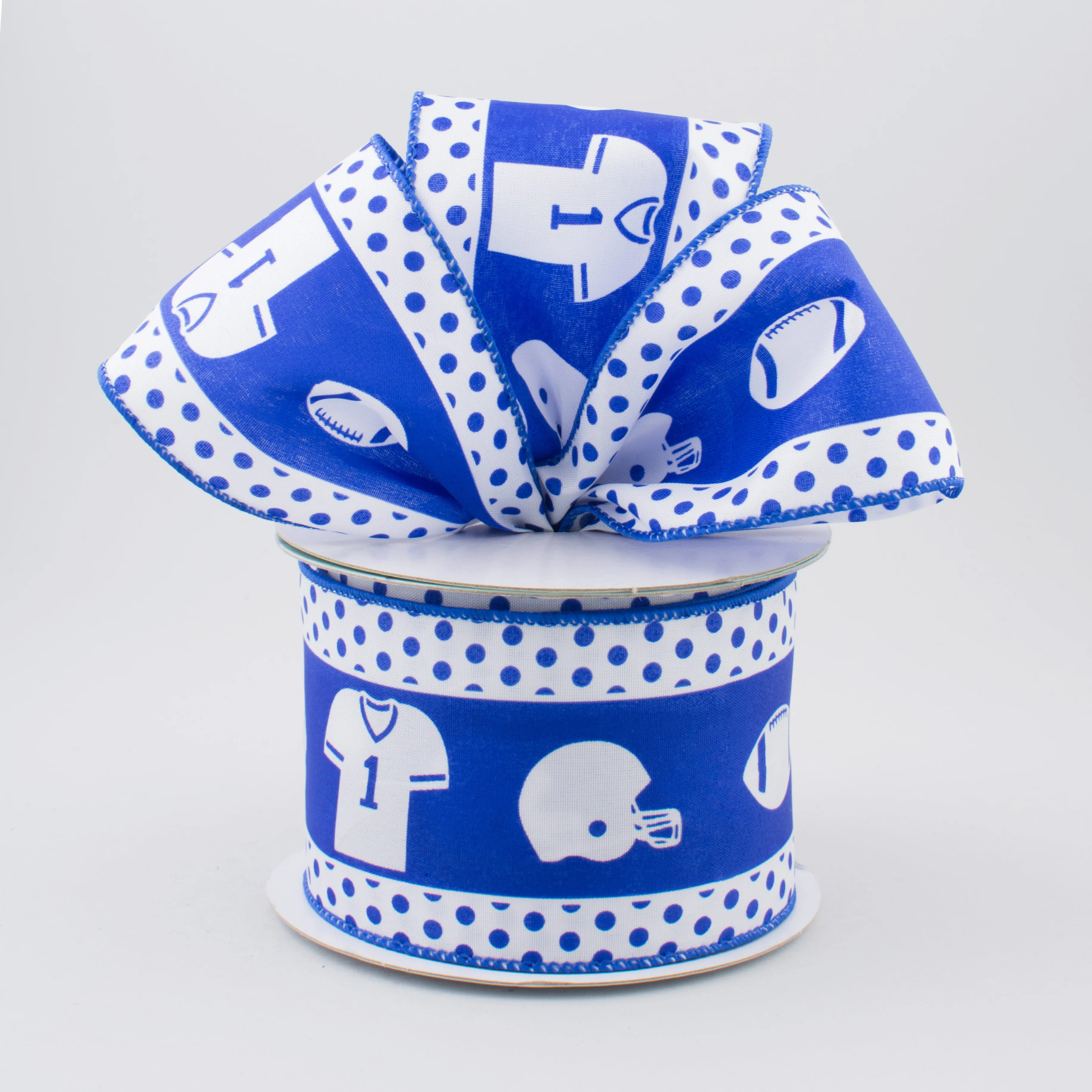 2.5" Football Gear Polka Dot Ribbon: White & Royal Blue (10 Yards)