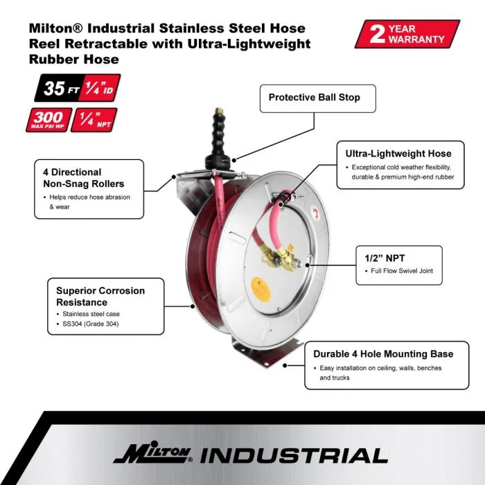 2753-5012SS - Milton® Industrial Stainless Steel Hose Reel Retractable, 1/2" ID x 50' Ultra-Lightweight Rubber Hose w/ 1/2" NPT, 300 PSI
