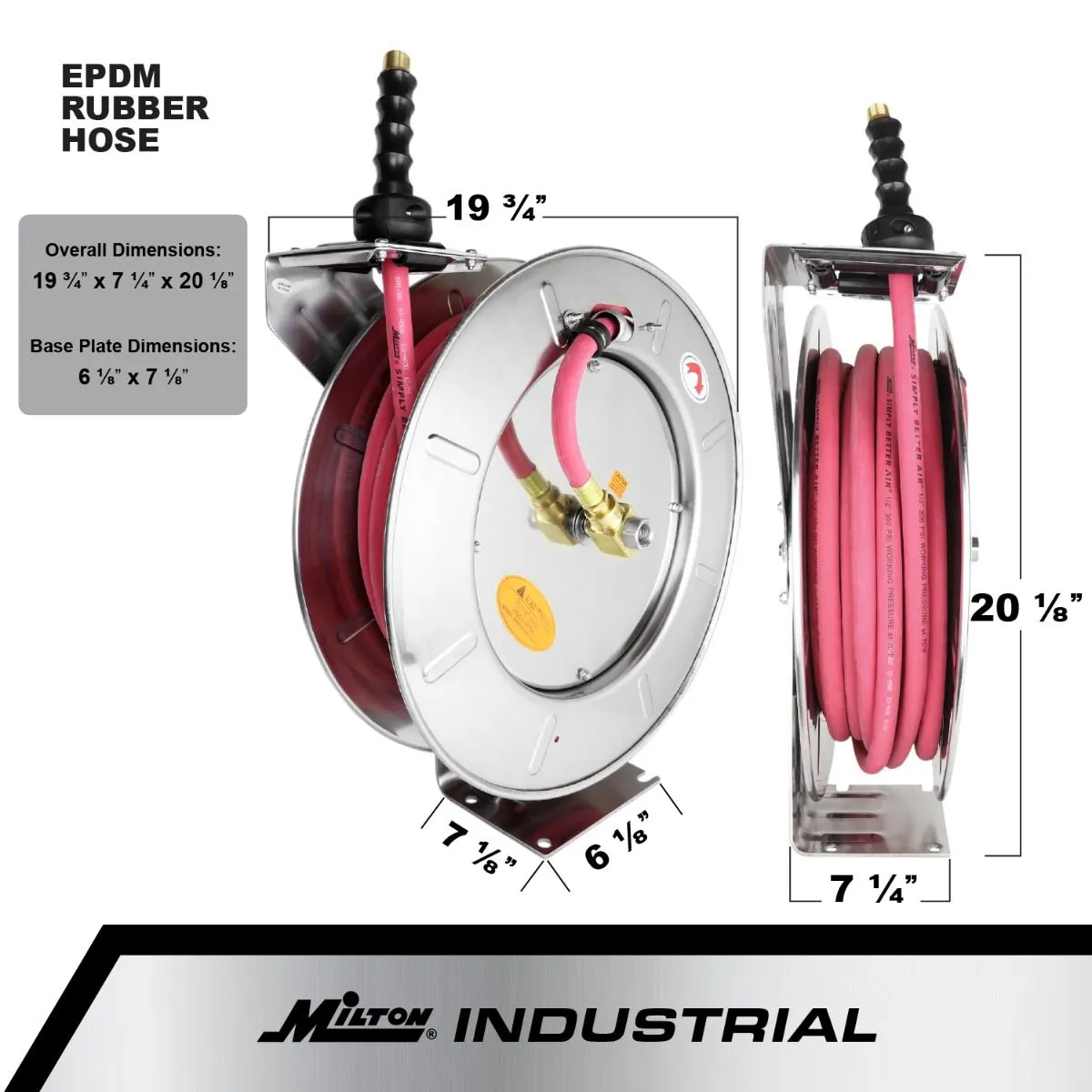 2753-5012SS - Milton® Industrial Stainless Steel Hose Reel Retractable, 1/2" ID x 50' Ultra-Lightweight Rubber Hose w/ 1/2" NPT, 300 PSI