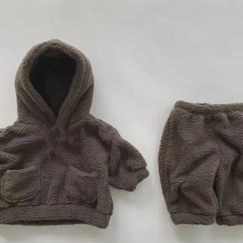 2Pcs Warm Thick Plush Fleece Hooded Sweatshirt and Pants Outfits
