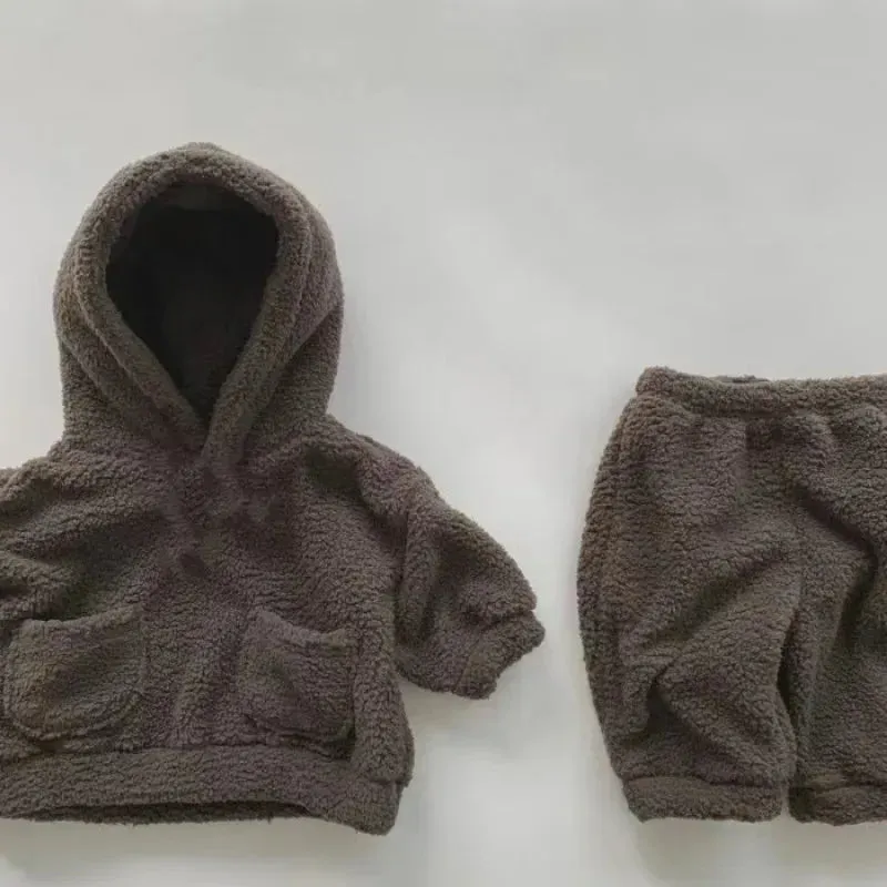 2Pcs Warm Thick Plush Fleece Hooded Sweatshirt and Pants Outfits
