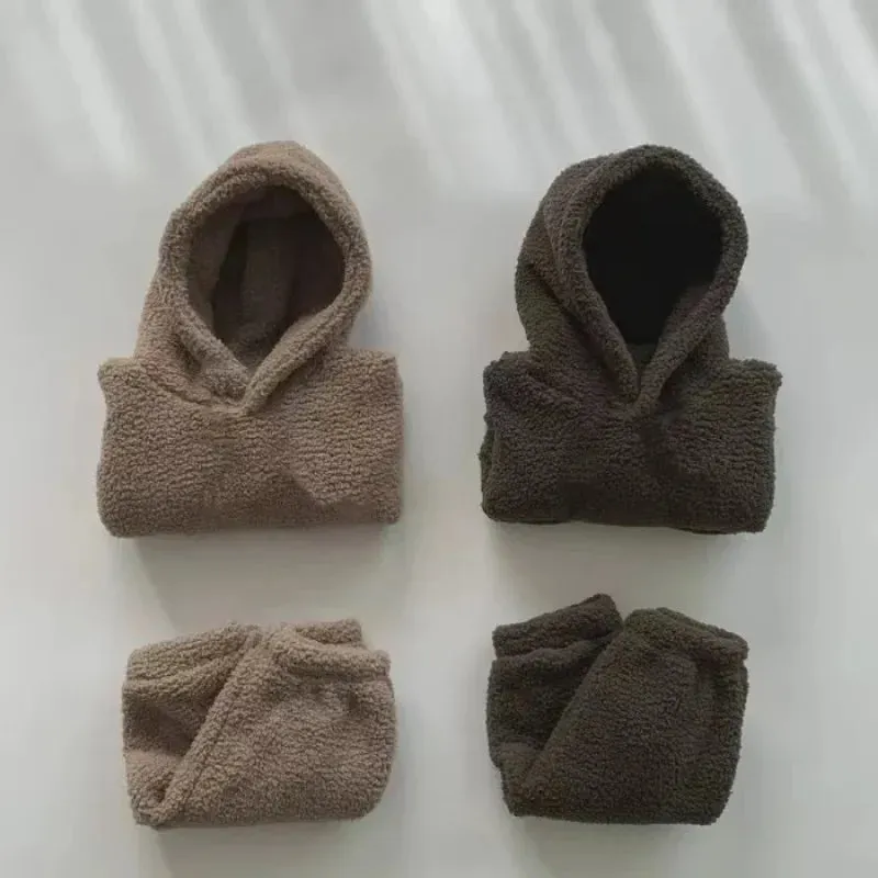 2Pcs Warm Thick Plush Fleece Hooded Sweatshirt and Pants Outfits