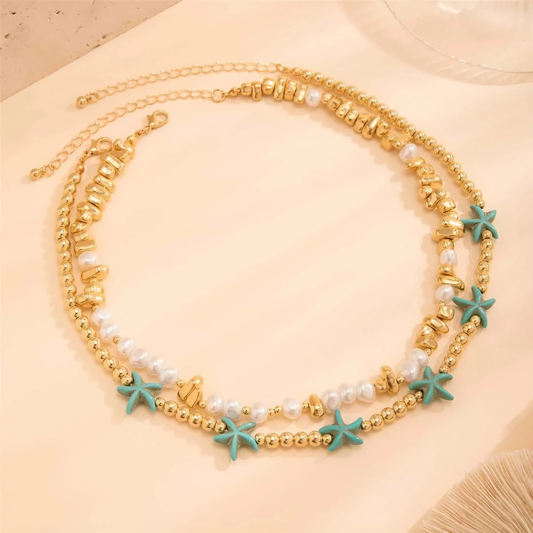 2Pcs/Set Boho Ocean Blue Starfish Pearl Necklace for Women