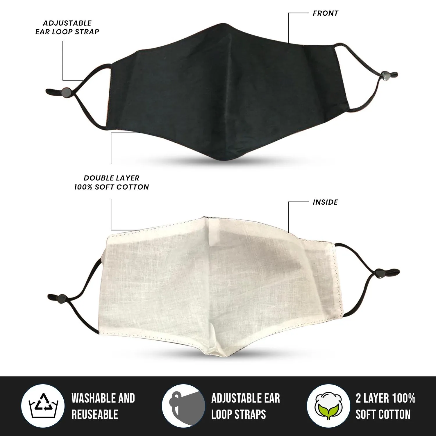 3 Pack Ivory Cotton Face Mask Cloth Masks for Mouth Nose Washable Reusable Double Layer Covering Adjustable Ear