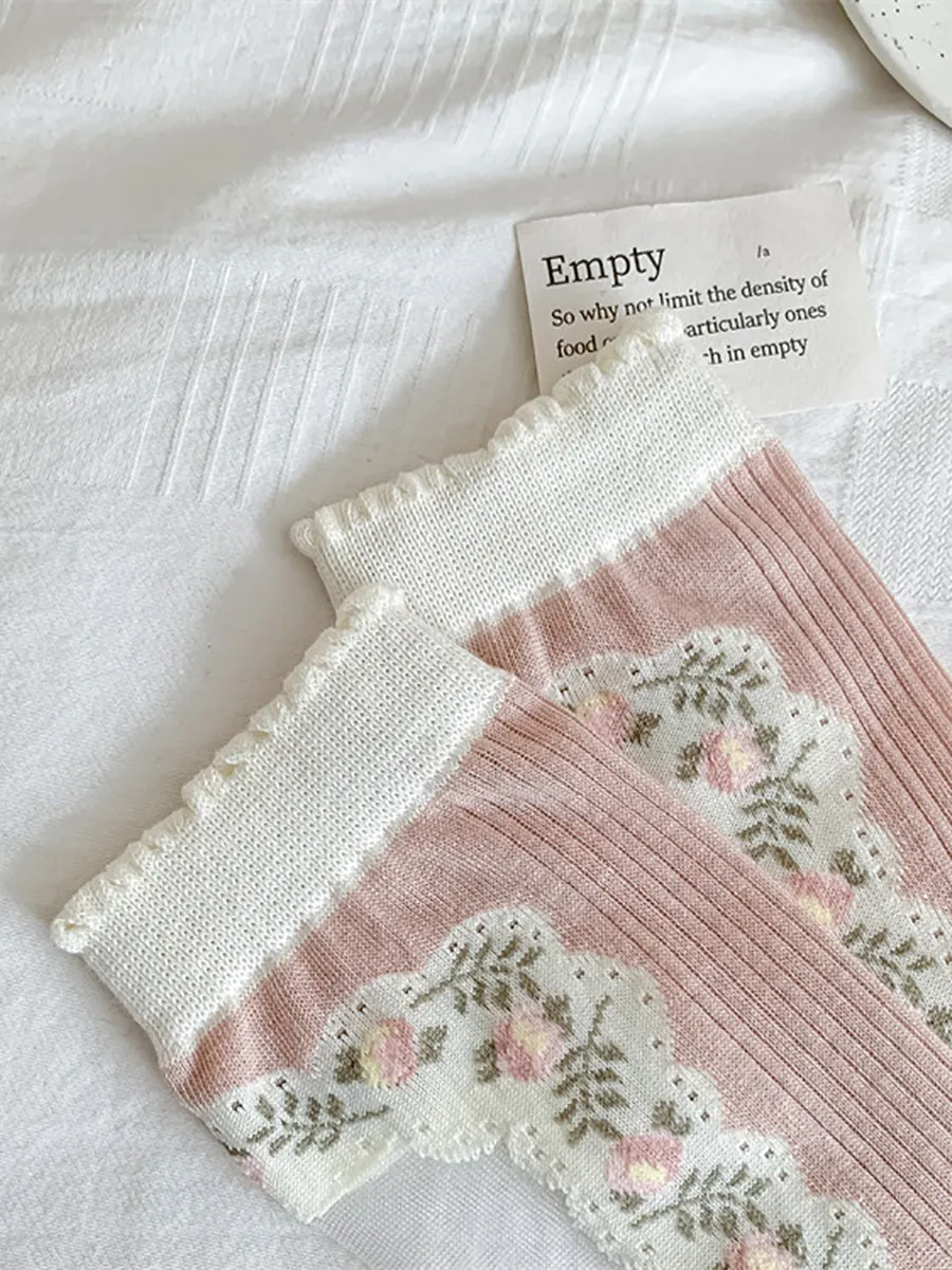 3 Pairs Women Artsy Thin Flower  Lace Socks FD034