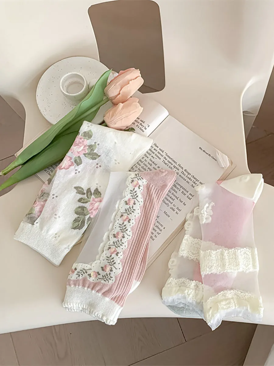 3 Pairs Women Artsy Thin Flower  Lace Socks FD034