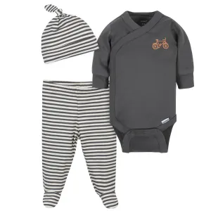 3-Piece Baby Boys Comfy Stretch Bicycle Onesies® Bodysuit, Footed Pant and Cap Set