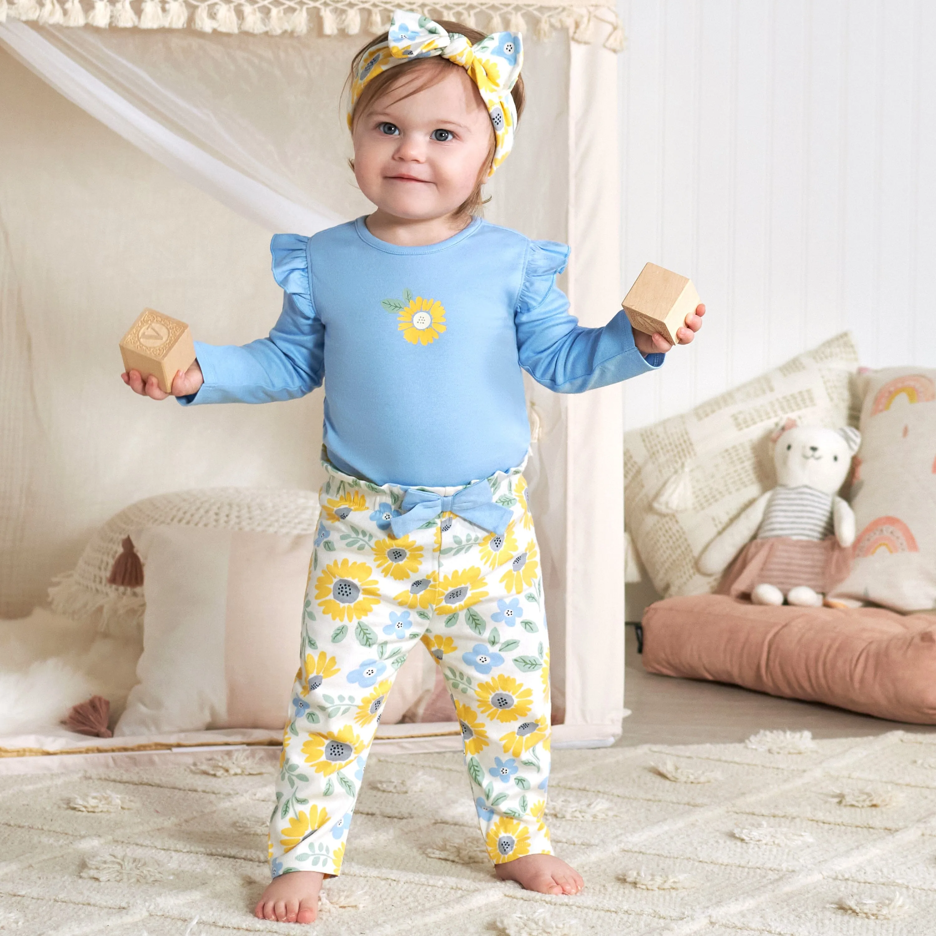 3-Piece Baby Girls Sunny Garden Onesies® Bodysuit, Pants & Headband Set